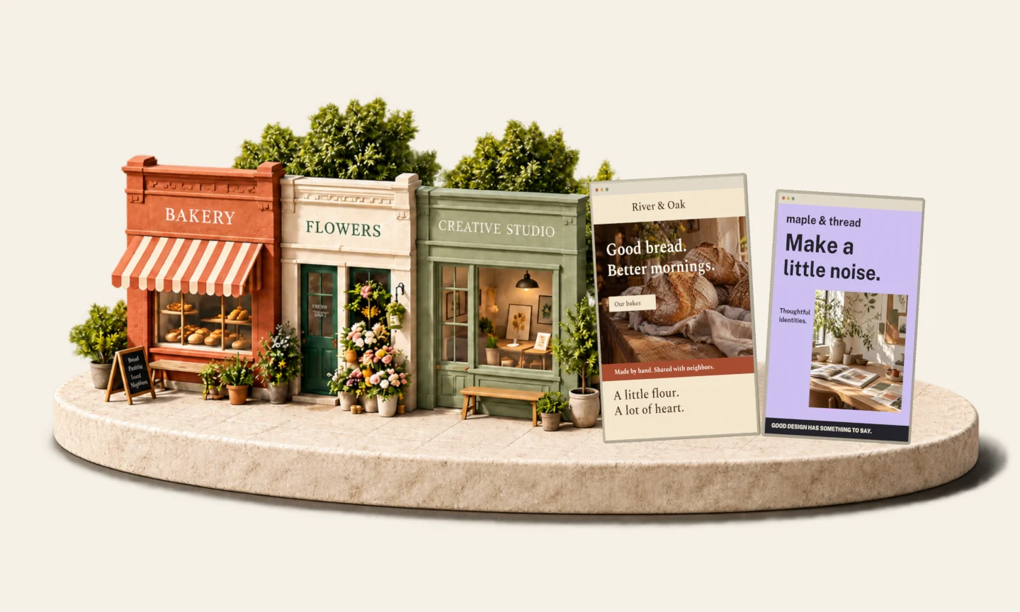 A miniature bakery and creative studio becoming their own websites beside a flower shop.