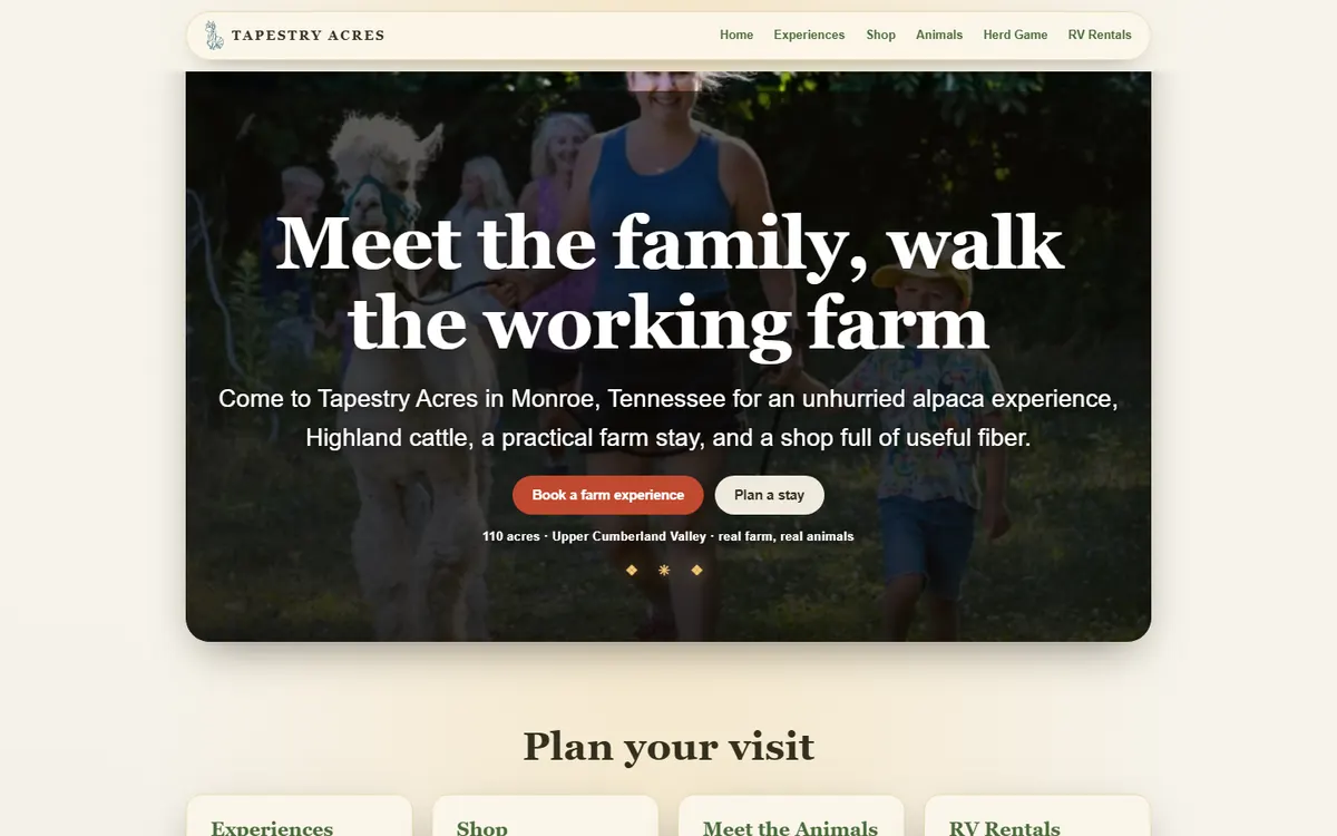 Tapestry Acres website, desktop view
