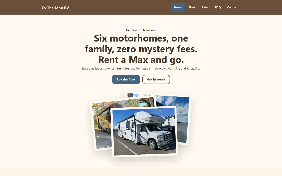 To The Max RV website, desktop view