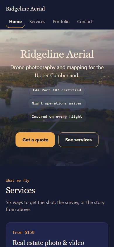 The Ridgeline Aerial site on a phone, a priced drone service with its example shot and the quote form below it.