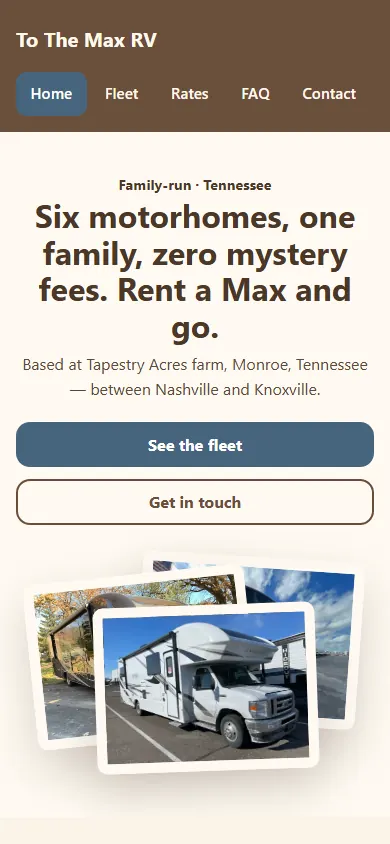 The To The Max RV site on a phone, one motorhome listing with its photo set, nightly price and a booking button.